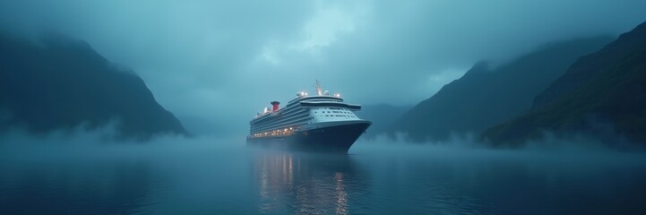 Naklejka premium A serene cruise ship gliding through misty waters, surrounded by majestic mountains, creating a tranquil and captivating scene perfect for travel and adventure themes.