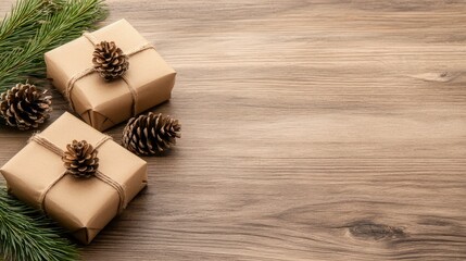 Fototapeta premium Festive Gift Boxes with Pine Cones