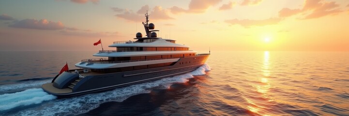 A luxurious yacht sailing at sunset, symbolizing opulence and adventure on the open water, perfect for travel and lifestyle projects.
