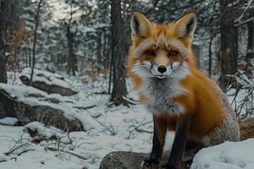 Red Fox Among Snowy Trees in Winter Landscape