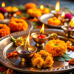 Close-ups of thalis (prayer plates) adorned with diyas