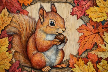 Fototapeta premium Squirrel with Acorn Surrounded by Autumn Leaves