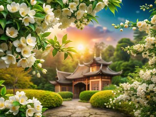Fototapeta premium Jasmine Flowers in Bloom - Architectural Garden Photography with Watercolor Bouquet Aesthetic