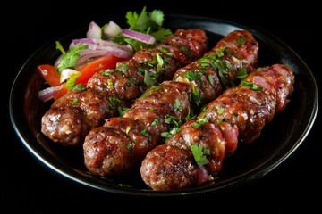 A plate of delicious kebab sausages with onions and coriander, on a black background, a studio shot.