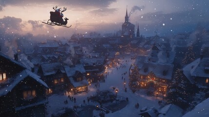 Santa Flying Over Snowy Town on Christmas Eve