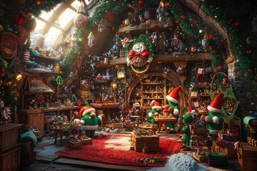 Fototapeta premium 3D Elves in Magical Holiday Workshop Scene