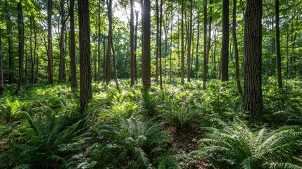 Fototapeta premium Serene Forest with Sunlight Filtering Through Trees