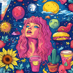 A seamless line art pattern in hippie style, featuring peace signs, flowers, hearts, and groovy wave designs. 