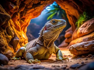 Lone Big Lizard in Natural Habitat - Stunning Product Photography of Reptile Among Rock Caves