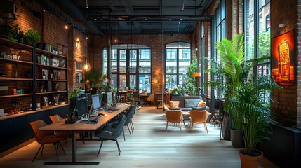 Naklejka premium Open office layout with contemporary desks, ergonomic chairs, breakout areas with plush seating, and green plants adding warmth