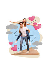 Vertical collage image of two positive cheerful people piggyback arms wings fly painted hearts clouds isolated on drawing background