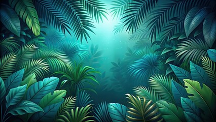 tropical leaves jungle background in dark aquamarine and green style