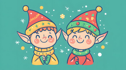Fototapeta premium Christmas greeting card featuring a cartoon boy and Santa, with snowflakes, a snowman, and a festive tree, perfect for celebrating the holiday season