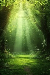 Fototapeta premium Sunlight Streaming Through Trees in Lush Forest