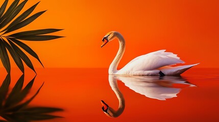 Fototapeta premium Elegant swan swimming gracefully on calm water, reflecting vibrant orange hues from sunset.