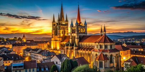 Fototapeta premium Low Light Photography of Lausanne Cathedral at Dusk - Captivating Gothic Architecture in Switzerland