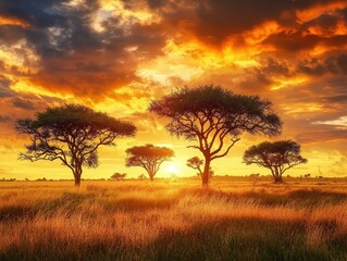 Fototapeta premium Stunning Sunset Over Savannah with Acacia Trees