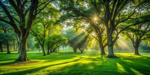 Obraz premium Lush Green Park with Tall Trees and Expansive Lawn in Double Exposure Photography Style