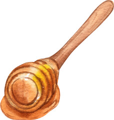  Honey dripping from a wooden spoon, Hand Drawn Illustration Watercolor paintin