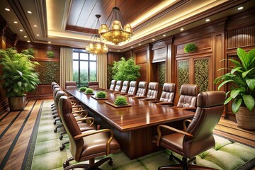 Fototapeta premium Luxurious Corporate Meeting Room with Long Conference Table and Leather Chairs