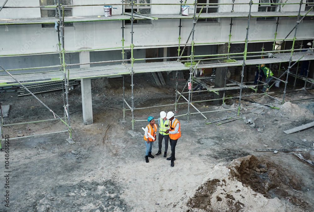 Poster blueprint, construction site and people with building project and engineering for scaffolding and ha