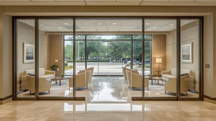 Obraz premium Large open-plan office with sleek glass partitions, flexible seating arrangements, and modern decor creating a collaborative work environment