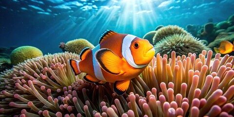 Tropical marine scene with clownfish and anemone in ocean