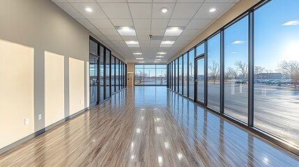Fototapeta premium Contemporary workspace with large glass partitions, modular seating, and spacious design perfect for a team-oriented environment