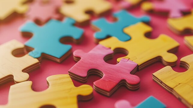 Wooden puzzle pieces scattered across bright playful surface