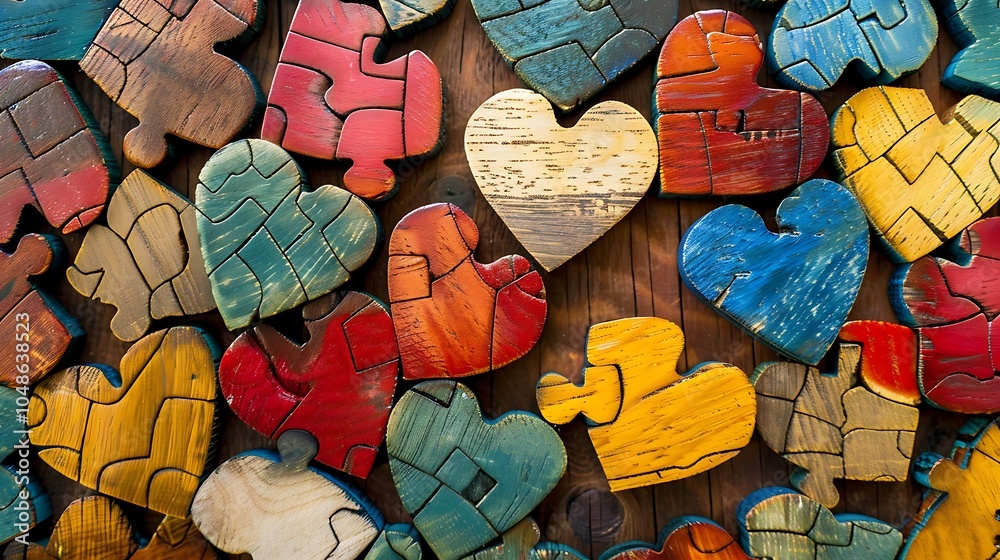 Wall mural wooden puzzle with bright heart shapes forming a pattern