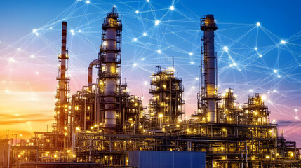 Illuminated oil refinery plant at sunset, showcasing glowing lights and industrial structures against vibrant sky. scene reflects modern technology and energy production