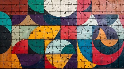 Obraz premium Wooden puzzle with geometric shapes forming a vibrant pattern