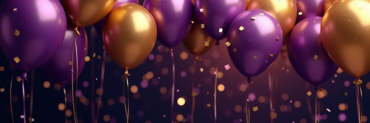 A vibrant arrangement of purple and gold balloons against a shimmering background, perfect for celebrations, parties, and festive events.