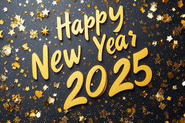 Fototapeta premium Gold star filled background with the words Happy New Year 2025 written in gold
