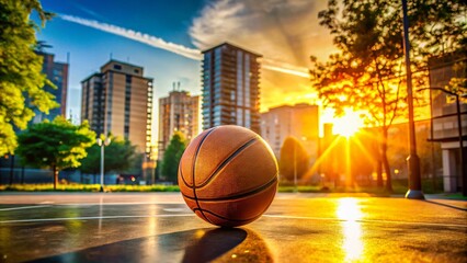 Man with Basketball on Public Court in Urban Landscape Setting for Sports Photography