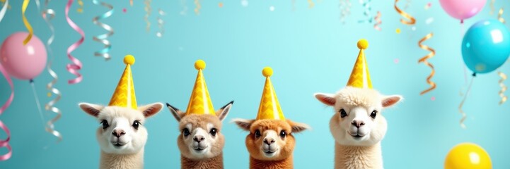 Obraz premium Celebrate with these adorable alpacas in party hats! Perfect for fun invitations, social media posts, or any joyful occasion.