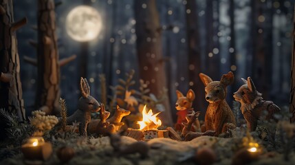 Wooden toy animals gathered around a campfire in moonlit forest