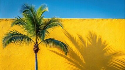 Fototapeta premium tropical palm tree casting shadow on yellow wall against blue sky, paradise