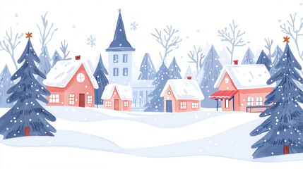 Fototapeta premium A serene winter landscape featuring cozy houses, snow-covered trees, and a gentle snowfall, creating a magical, festive atmosphere.