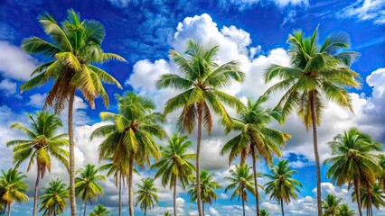 Obraz premium Tropical palm trees against a clear blue sky with fluffy white clouds Panoramic