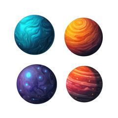 Four artistic planets in vibrant colors on a transparent background.