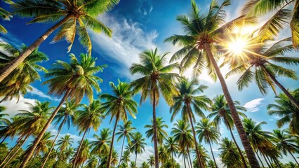 Tropical palm trees bathed in sunlight on azure horizon
