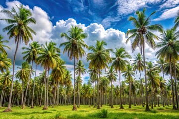 Fototapeta premium Tropical palm trees forest under blue sky with white clouds
