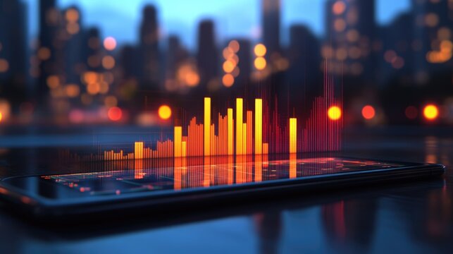 Market trend analysis depicted on a smartphone screen, featuring vivid bar charts and dynamic business data graphs. Highlights real-time insights and mobile accessibility of financial metrics