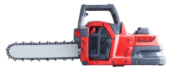 Naklejka premium Closeup of chainsaw isolated on transparent background, PNG. Clipart template 