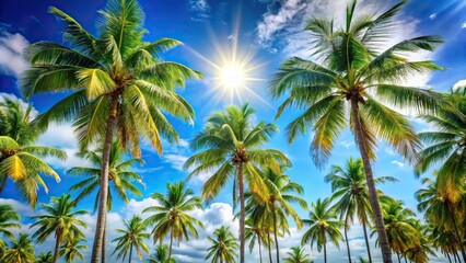 Tropical palm trees under blue skies reflected in sunshine