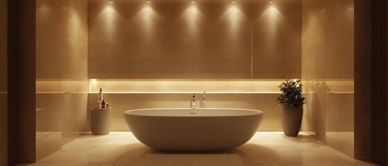 A large bathtub is surrounded by a white wall and a plant