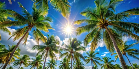 Tropical palm trees under blue skies and sunshine with forced perspective