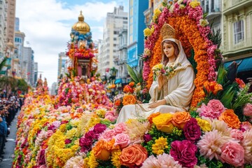 Fototapeta premium San Mateo Feast procession with vibrant flower-laden floats and religious motifs, set against colorful city buildings, capturing a traditional celebration
