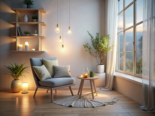 Naklejka premium Minimalist Reading Nook with Pastel Accents in Gentle Evening Light
